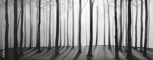 Misty forest with bare trees - black and white landscape
