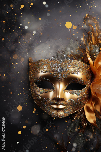 Gold masquerade mask in glitter pieces background. Black and gold carnival mask. Festival and entertainment concept. Generative AI