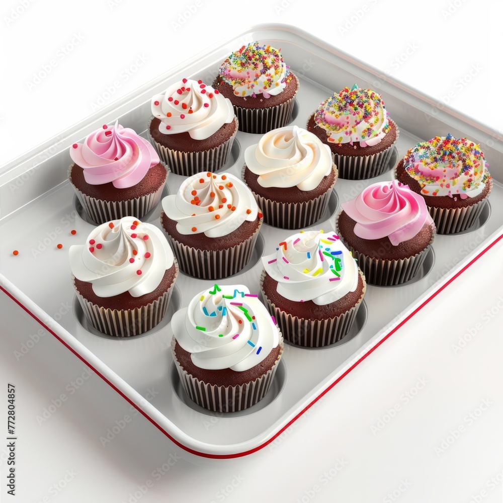 3D Render of a tray of cupcakes decorated with sprinkles and frosting swirls, on isolated white background, Generative AI 3D Render of a tray of cupcakes decorated with sprinkles and frosting swirls, on isolated white background, Generative AI