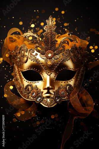 Gold masquerade mask in glitter pieces background. Black and gold carnival mask. Festival and entertainment concept. Generative AI