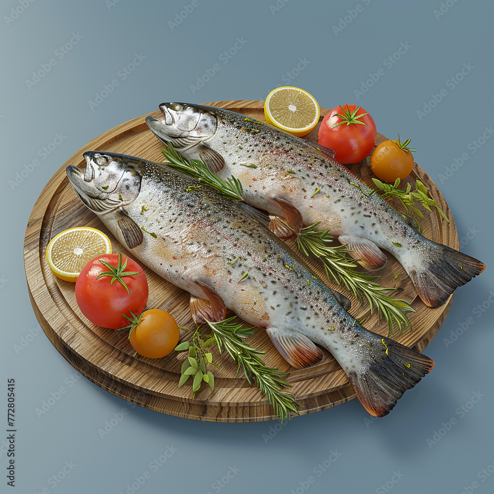 3d rendered photos of Photograph of two raw sea trout on a wooden plate with lemon slices and tomato High resolution made with generative AI 3d rendered photos of Photograph of two raw sea trout on a wooden plate with lemon slices and tomato High resolution made with generative AI