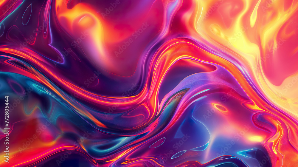 Vibrant abstract background with swirling neon colors and fluid shapes, creating an energetic and dynamic wallpaper for digital design or packaging covers. 