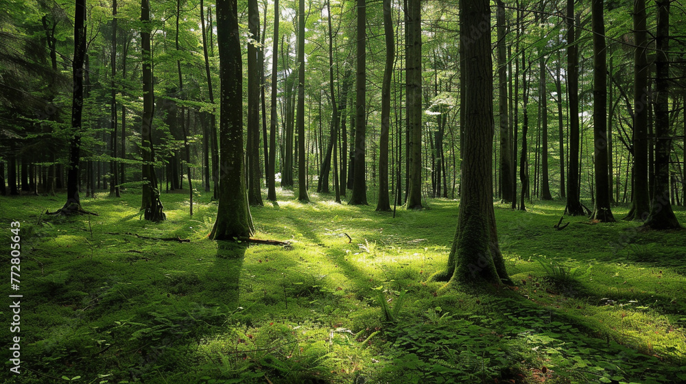 Fototapeta premium Sunlit Forest Path with Lush Green Grass and Towering Trees
