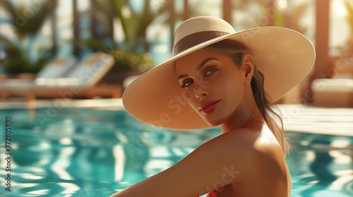 A chic woman with a wide hat enjoys tranquility and comfort while relaxing near the pool. A beautiful girl looks attractively, as if inviting you to meet and chat