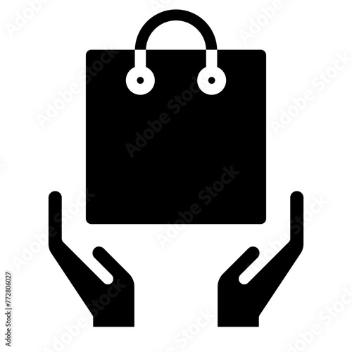 Hand holds shopping bag icon