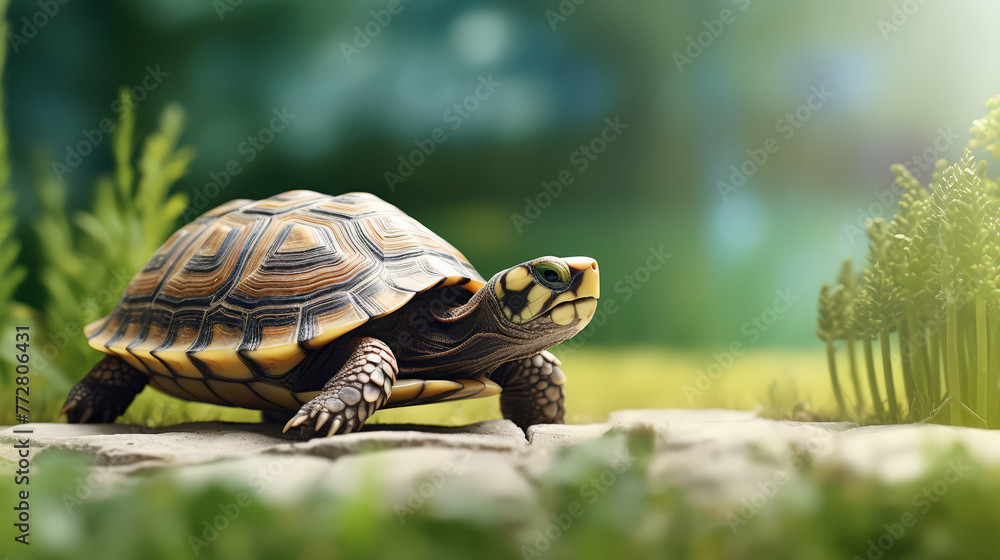 Obraz premium Close up brown tortoise is walking on grass field in spring summer bokeh background with a copy space.