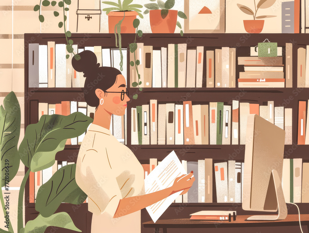 Female writer at her home office in the middle of her creative process Female writer at her home office in the middle of her creative process