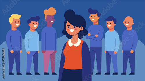 A person standing alone looking conflicted while surrounded by a group of smiling peers showing the struggle to resist the pressure to fit in