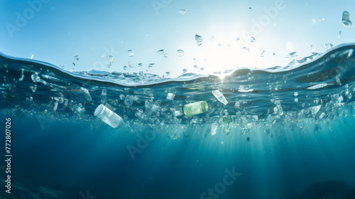A plastic bottles and microplastics floating in the open ocean. Marine plastic pollution concept, Environmental day, Ocean day, save the ocean