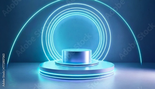 Abstract 3D Background  Blue Hologram Cylinder Podium with Neon Accents
