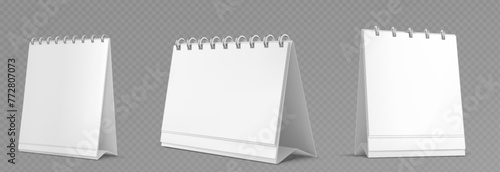 Desk calendar with spiral mockup. Realistic 3d vector set of vertical and square table flip planner with white empty paper pages in different angles of view. Standing desktop schedule template.