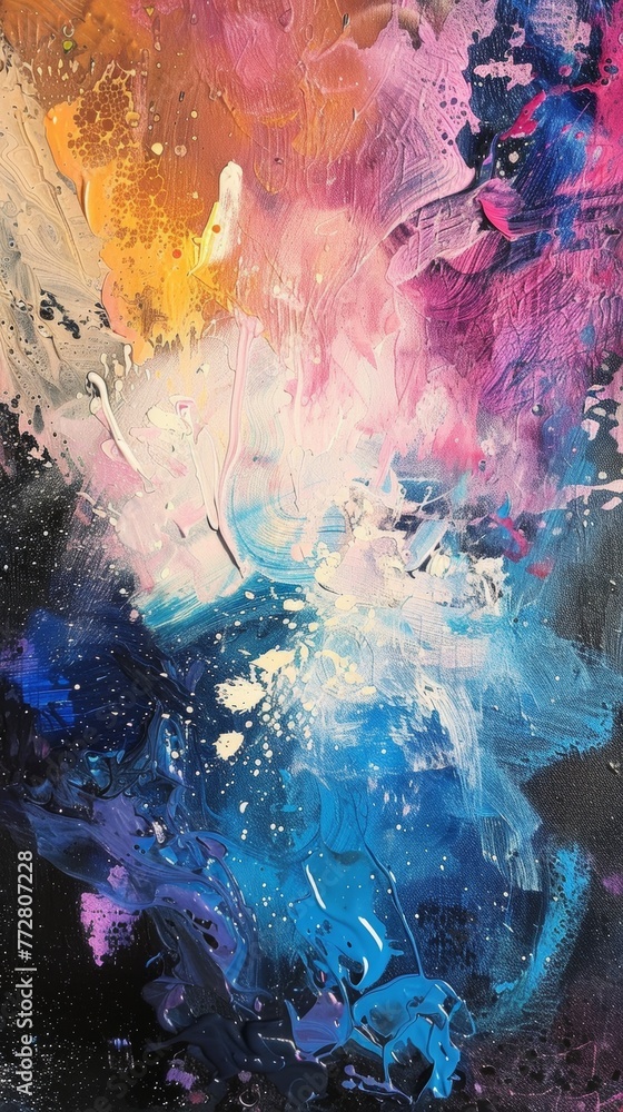 Abstract colorful paint splashes on canvas