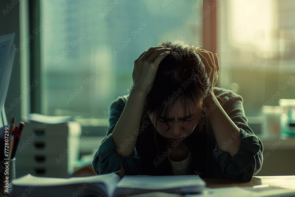 Young woman squeezes her head in pain, her face is distorted by a grimace. Person suffers from a headache. He is sitting at a table with papers on it. Symptom of arterial hypertension concept. Young woman squeezes her head in pain, her face is distorted by a grimace. Person suffers from a headache. He is sitting at a table with papers on it. Symptom of arterial hypertension concept.