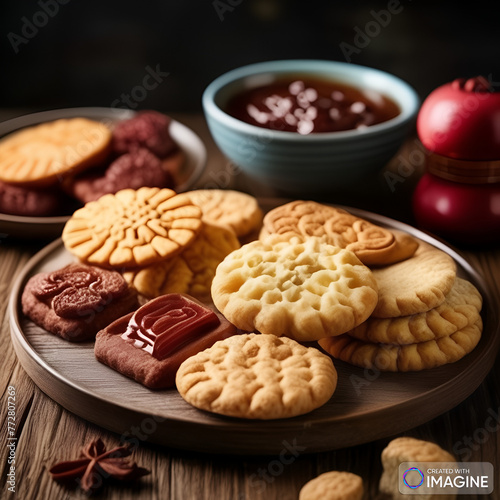  a variety of yummy cookies and biscuits on a wooden table,