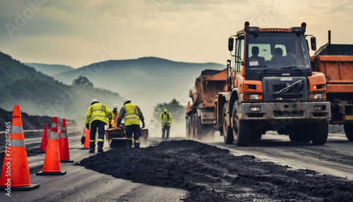 Road construction workers' teamwork, tarmac laying works at a road construction site, hot asphalt gravel leveled by workers, and road surface repair photo