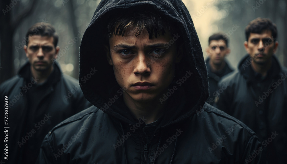 Sad kid in black hood on blurred background Sad kid in black hood on blurred background