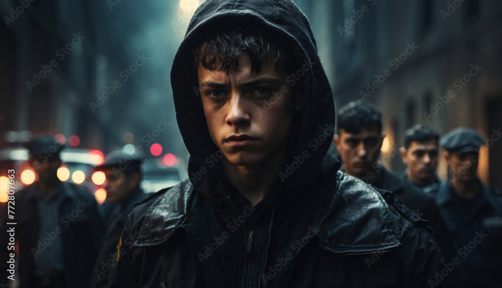 Sad kid in black hood in the street blurred background Sad kid in black hood in the street blurred background