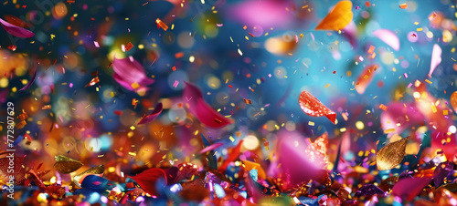 Numerous colorful confetti pieces flying through the air in a vibrant burst of colors