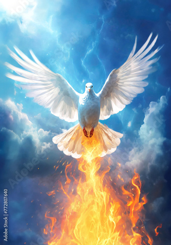 white pigeon flying on blue sky while emitting fire flame realistic illustration