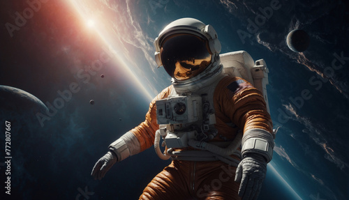 Astronaut floating in space with planets and stars