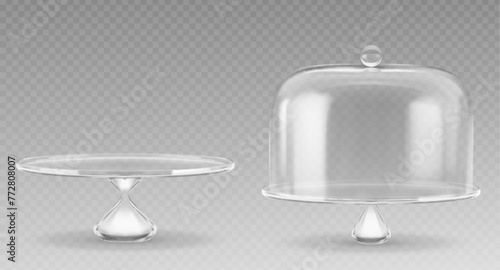 Cake glass stand with dome bell cover mockup. Realistic 3d vector illustration set of transparent plastic empty tray with cap. Dessert bakery cloche pedestal. Cylinder glassware showcase or platter