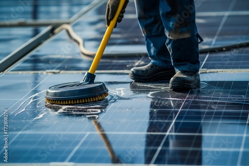 Worker cleaning solar panels