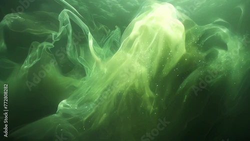 Abstract background of mysterious green smoke swirling and flowing in captivating patterns. The semi-transparent smoke glows an ethereal emerald green as light passes through it.  photo