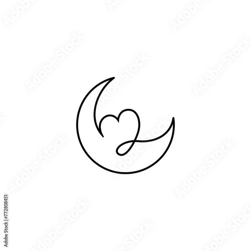 crescent moon logo design with love symbol in simple linear design style