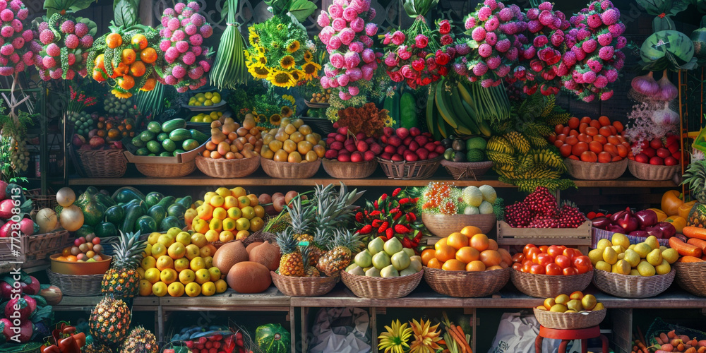 A image of a market stall overflowing with colorful fruits, vegetables, and flowers, creating a vibrant and lively scene