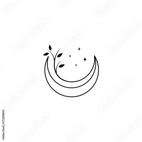 crescent moon logo design with tree branch plant combination in line art design style