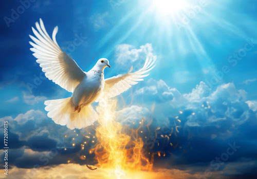 white pigeon flying on blue sky while emitting fire flame realistic illustration photo