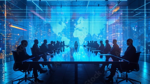 Virtual reality simulation of a futuristic boardroom meeting