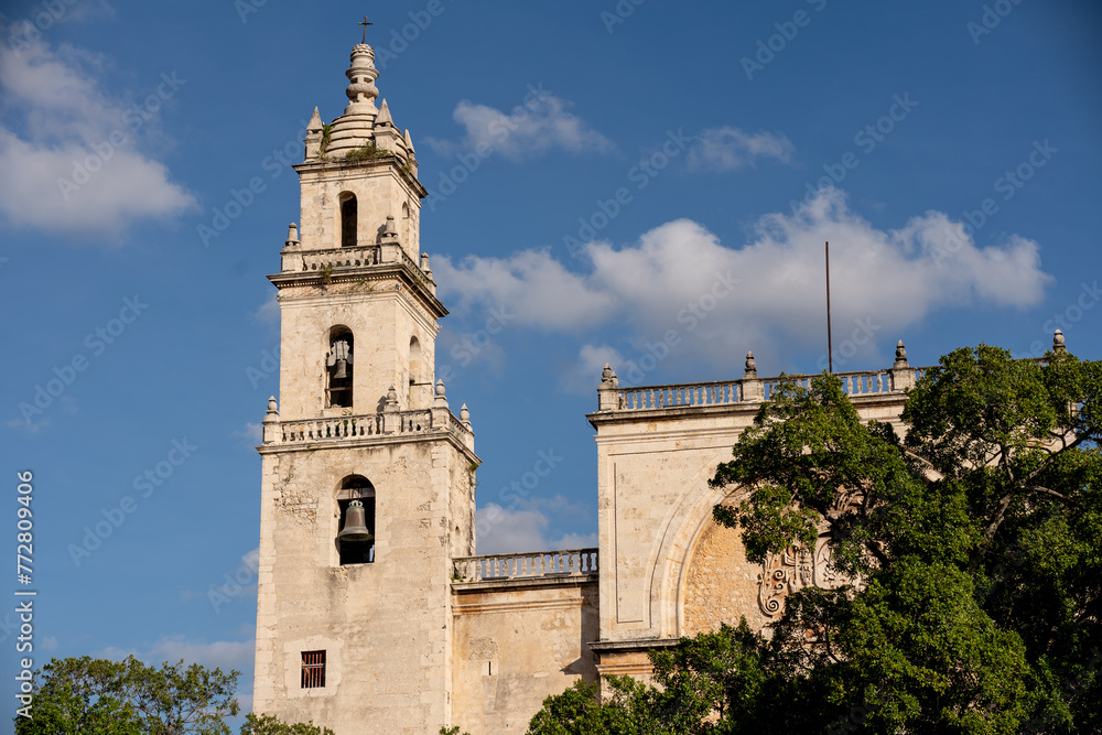 Merida Cathedral in Mexico surrounded by trees