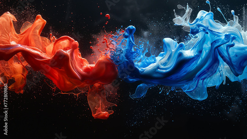 Red and blue paint colliding and flying in the air, The paint is completely floating in the air, 100% black studio background