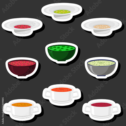 Illustration on theme big set various types beautiful tasty edible hot homemade soups