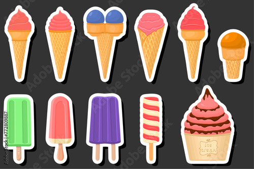 Illustration on theme big kit ice cream popsicle different types in cone waffle cup