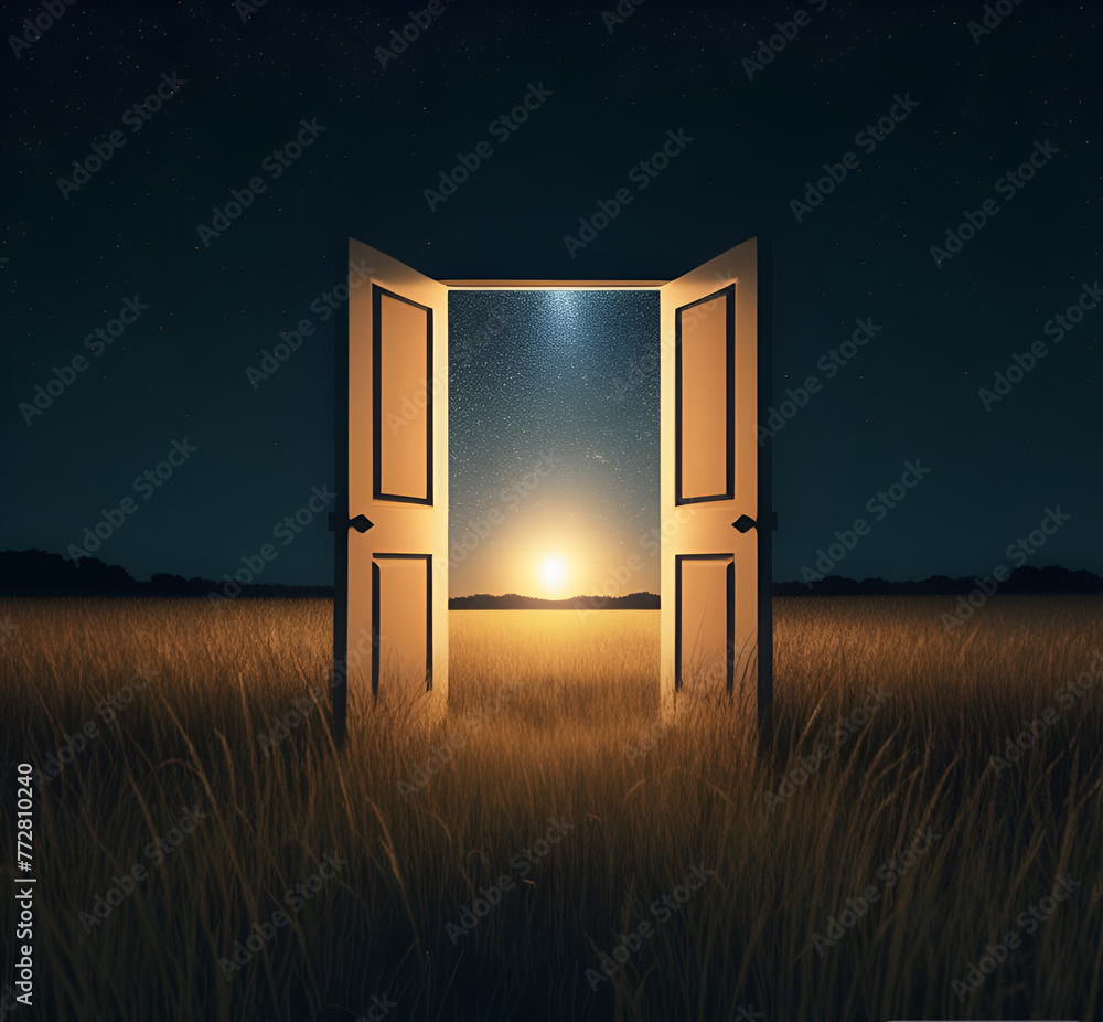 An open door in a field with the sun shining through it.Countryside, Meadow, Sunbeam, Scenic View, 
