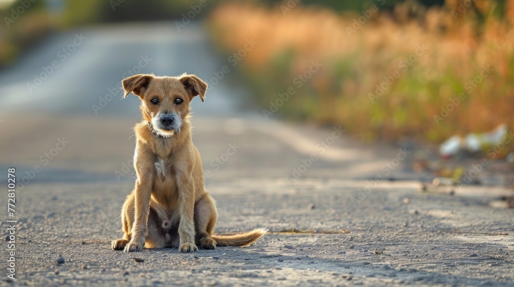 Solitary Canine on a Deserted Road Awaiting Fate at Sunset Generative AI Solitary Canine on a Deserted Road Awaiting Fate at Sunset Generative AI