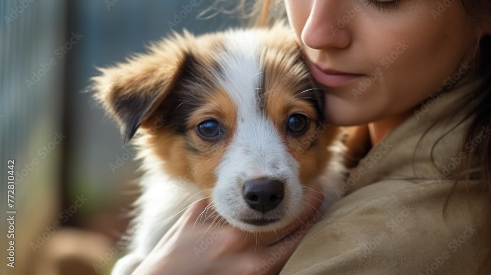 Close up cropped shot of female volunteer holding on hands cute dog in shelter. Portrait of young woman hugging her beloved pet. Helping homeless Animals, Volunteering, Pets concepts. Close up cropped shot of female volunteer holding on hands cute dog in shelter. Portrait of young woman hugging her beloved pet. Helping homeless Animals, Volunteering, Pets concepts.