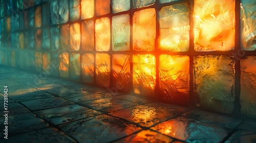 Sunset light through textured glass wall photo