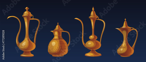 Arabic traditional teapot of different shapes. Cartoon vector illustration set of Arabian heritage pitcher with conventional pattern. Ancient oriental copper or golden kitchen kettle with ornament.