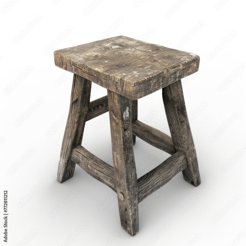 3D Render of a rustic wooden stool with a weathered finish, on isolated white background, Generative AI