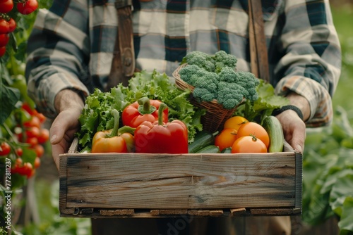 farmer holding wooden box full of fresh vegetables, harvesting season, Generative AI © BOONJUNG