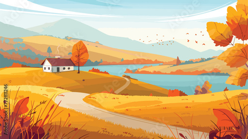 Autumn landscape with road to farm house on lake vector