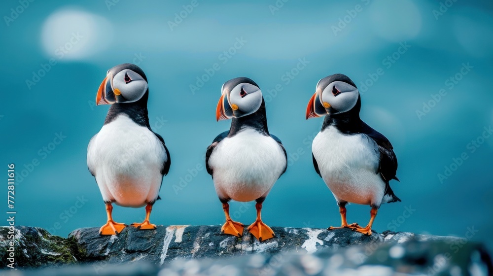 Naklejka premium Trio of Atlantic Puffins on a Clifftop Overlooking the Serene Ocean Generative AI