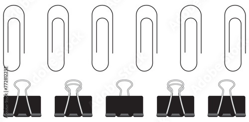 Vector realistic paper clips set. Black binder clip, paper holder isolated on white background