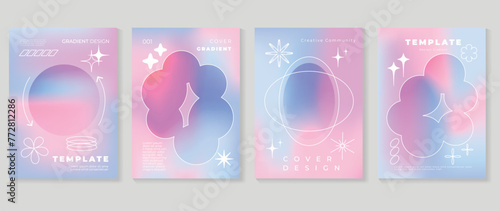 Gradient abstract cover background vector set. Minimalist style cover template with geometric shapes, frame, colorful and liquid color. Modern wallpaper design perfect for social media, idol poster.