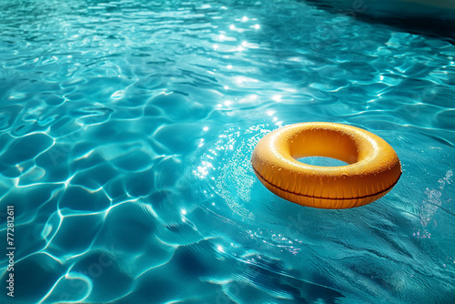 yellow swimming pool ring float in blue water. concept color summer, ai technology