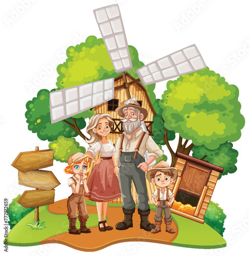 Illustration of a family standing near a windmill.