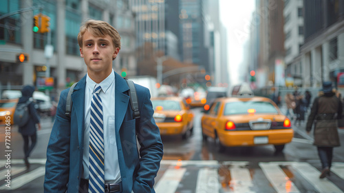 Wallpaper Mural Young handsome businessman in suit in front of taxi car in New York City. Documentary trend, true life.  Torontodigital.ca